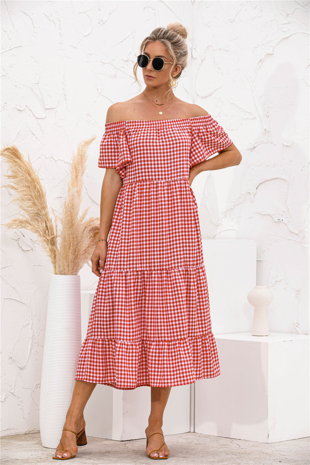 Damen Off-Shoulder Maxi-Kleid mit Rüschendetails und Karo-Muster WW