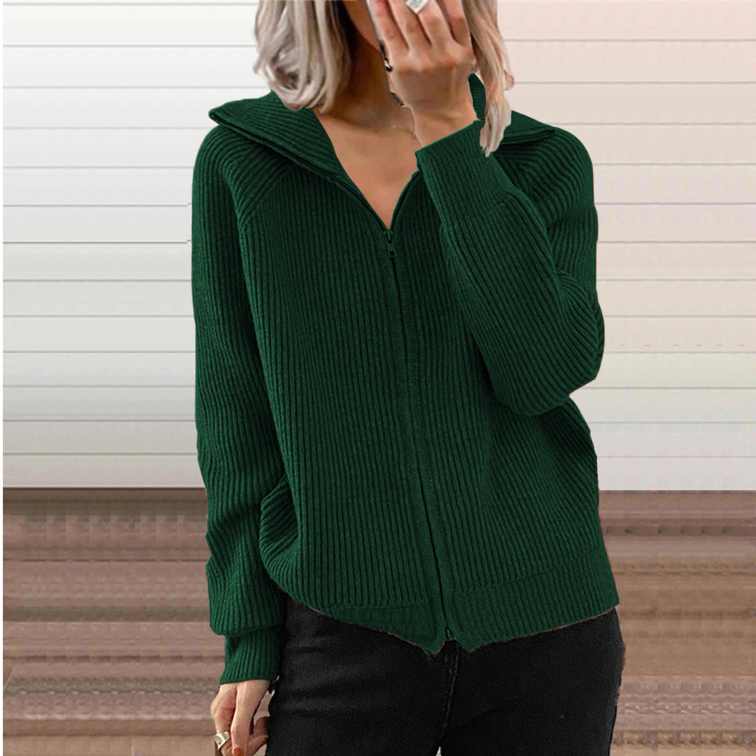 Damen bequeme Strickjacke mit hohem Kragen und durchgehendem Reißverschluss WW