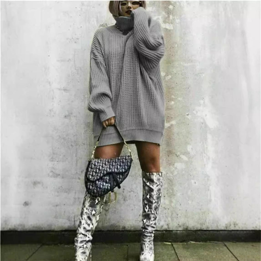 Damen Oversized Strickpullover mit hohem Kragen und Waffelmuster WW