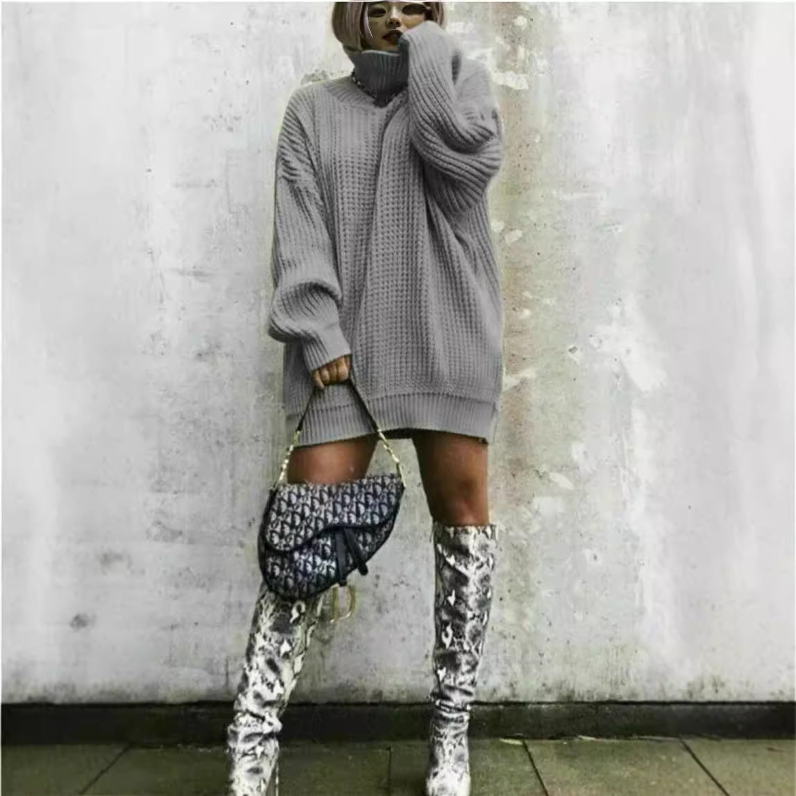 Damen Oversized Strickpullover mit hohem Kragen und Waffelmuster WW