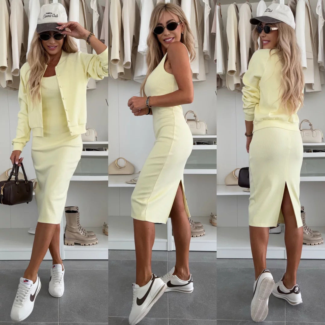 Damen elegantes Set aus figurbetontem Kleid und lässiger Jacke mit Druckknopf WW
