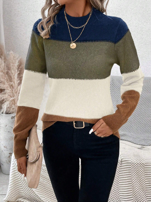 Damen modischer Strickpullover mit trendigem Blockstreifen und steigendem Kragen WW