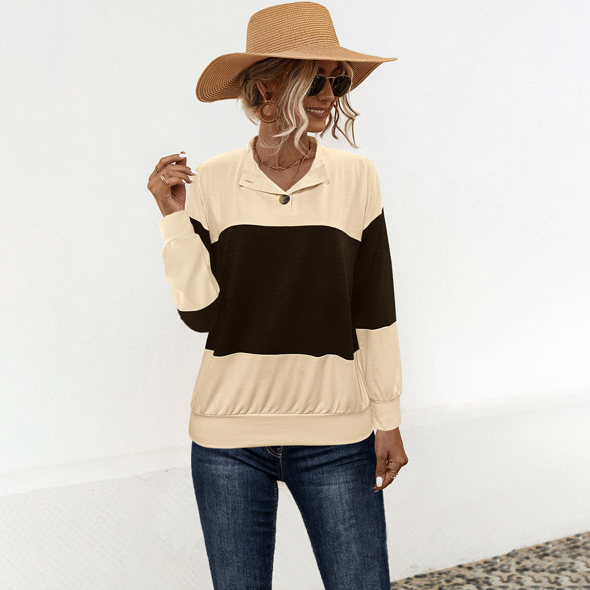 Damen Sportlicher Pullover mit modernem Farbblockdesign und funktionellem Knopf WW