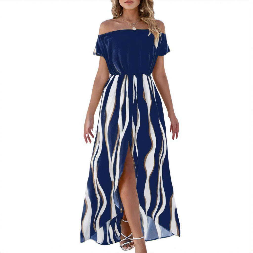 Damen Maxikleid mit schulterfreiem Design und elegante Wellenmuster WW