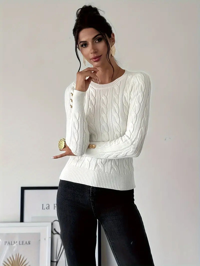 Damen Grobstrick Pullover mit dekorativen Knopfdetails WW