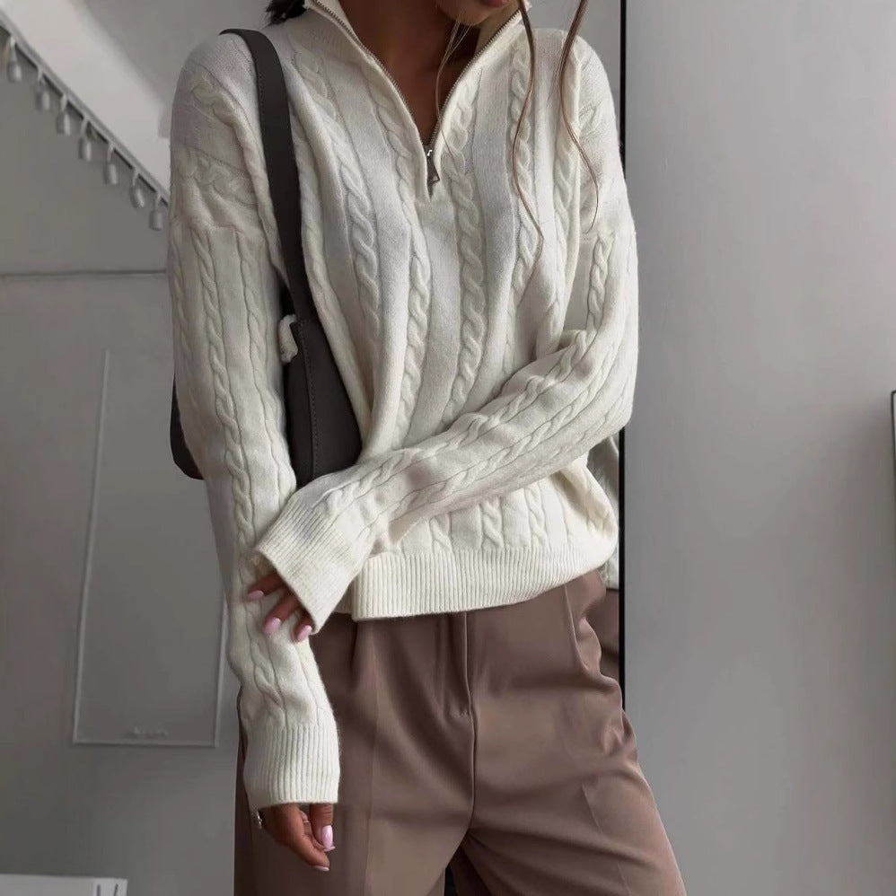 Damen Strickpullover mit modernem Zipper und Rippstrickdetails WW