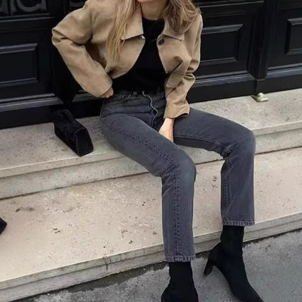 Damen Wildlederimitat Jacke mit Knopfleiste und Taschen WW