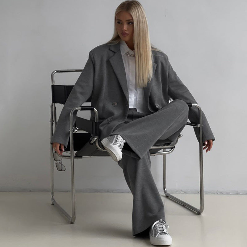 Damen elegantes und lässiges Anzugset mit doppelter Knopfleiste und weitem Bein WW