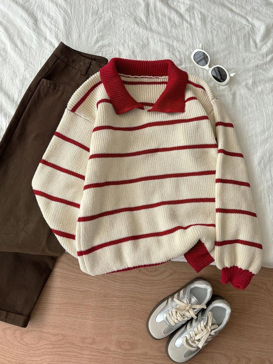 Damen Pullover mit Polokragen und gestreiftem Design WW