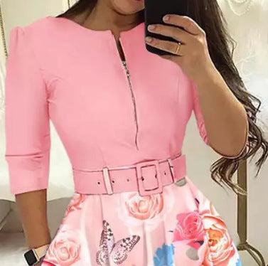 Damen A-Linien Kleid mit tailliertem Gürtel und floralem Muster WW