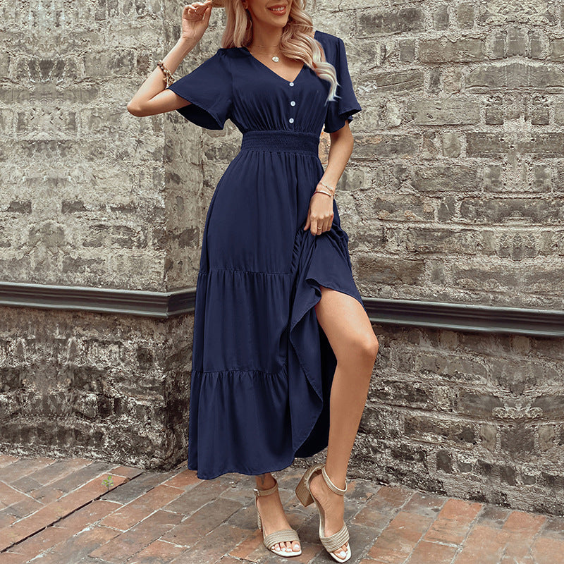 Damen Maxikleid mit V-Ausschnitt und fließendem Rock WW