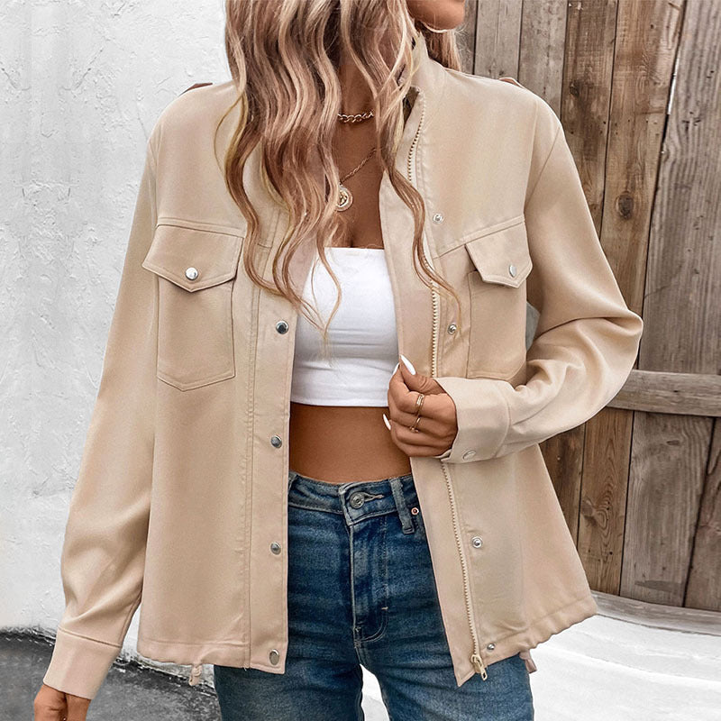 Damen elegante Utility-Jacke mit Druckknopf-Details und Brusttaschen WW