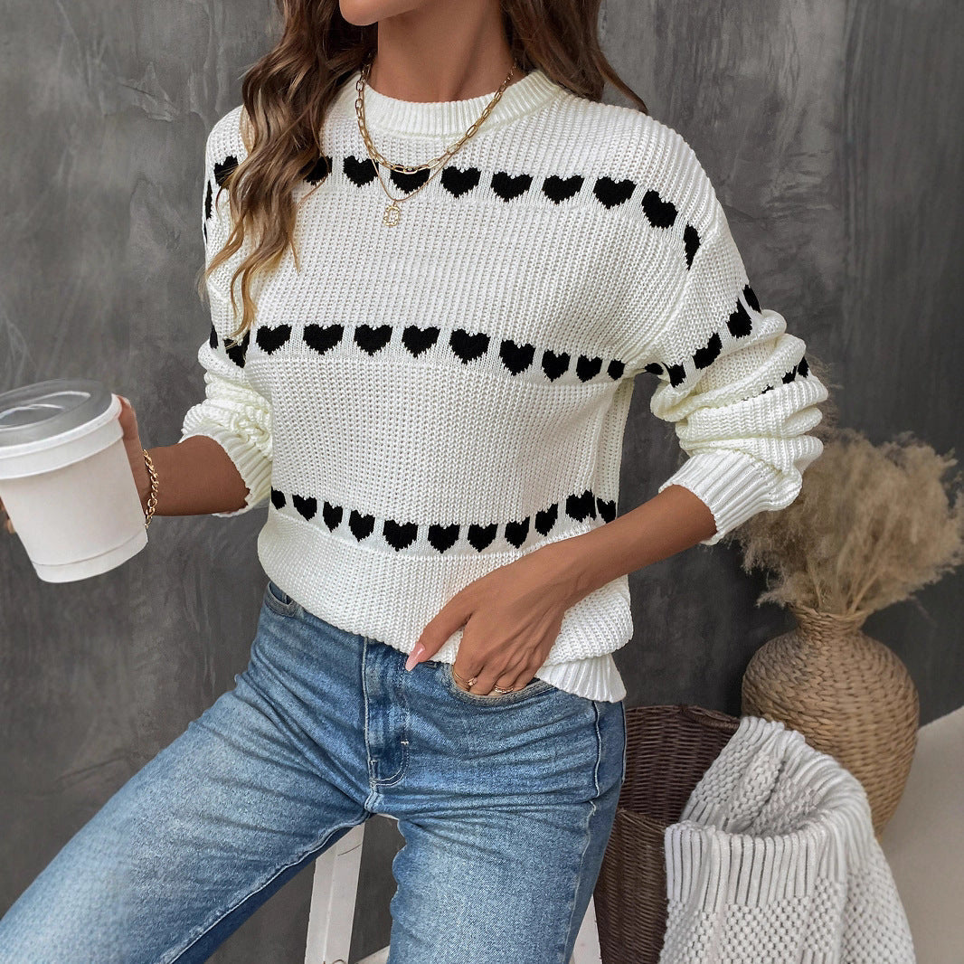 Damen lässiger Strickpullover mit Herzenmuster und lockerem Schnitt WW