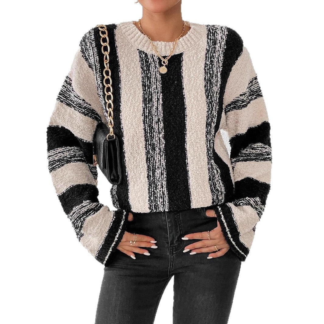 Damen Grober Strickpullover mit auffälligem Streifenmuster und lockerer Passform WW