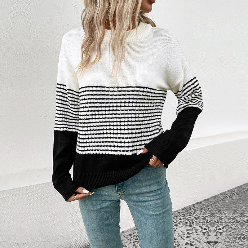 Damen trendiger Strickpullover mit auffälligem Streifenmuster WW