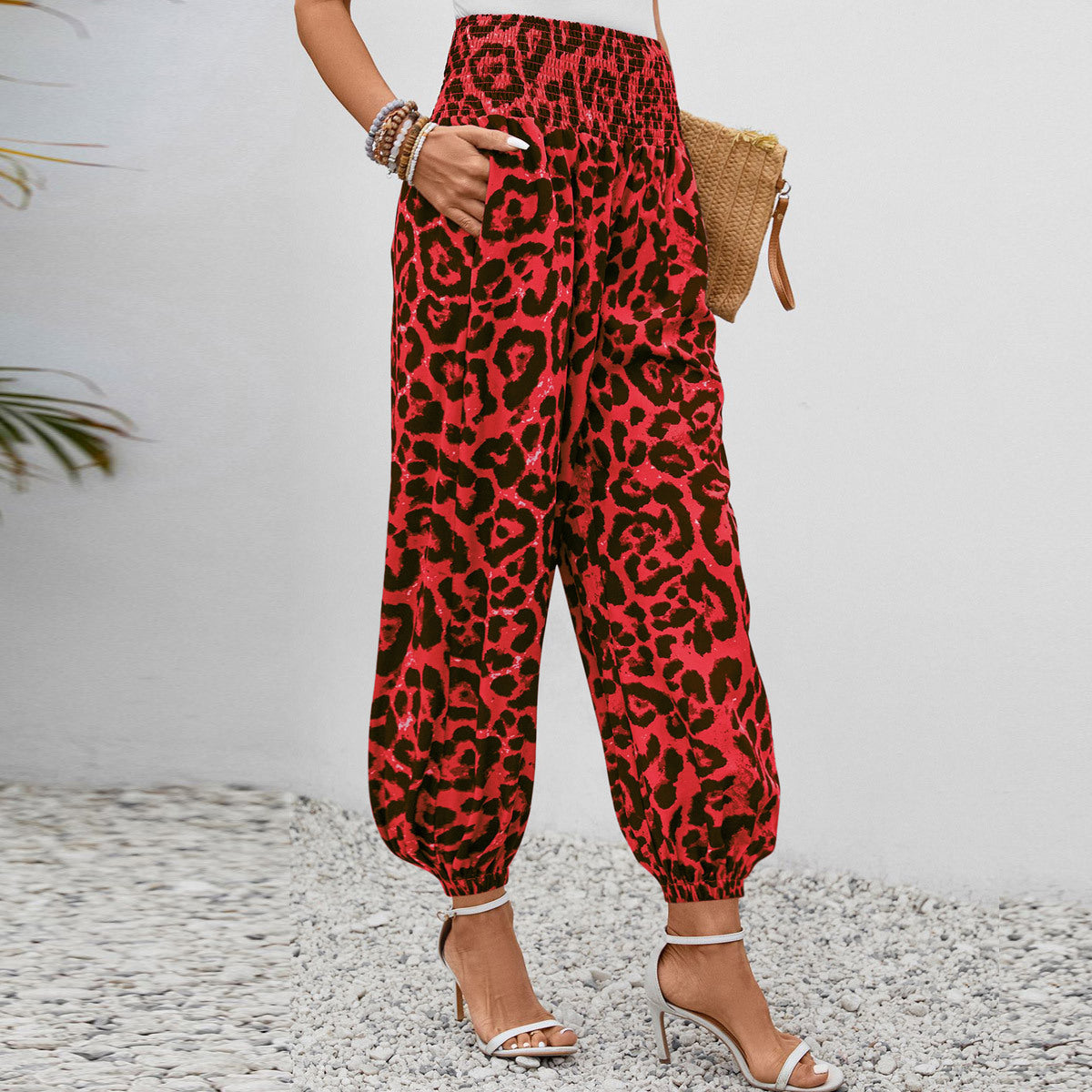 Damen Aladin-Hose mit elastischem Bund und modernem Leopardenmuster WW