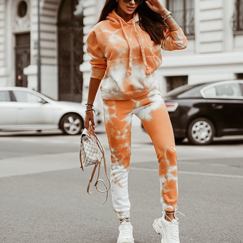 Damen lässiges Kapuzen-Sweatpants-Set im Batikdesign WW
