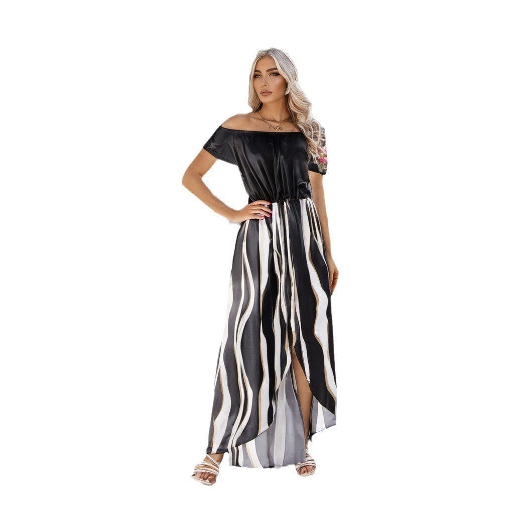 Damen Maxikleid mit schulterfreiem Design und elegante Wellenmuster WW