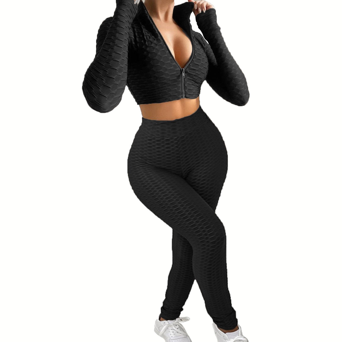 Damen Sportliches Zwei-Teiliges Set mit hochgeschlossenem Reißverschluss und strukturierter Oberfläche WW