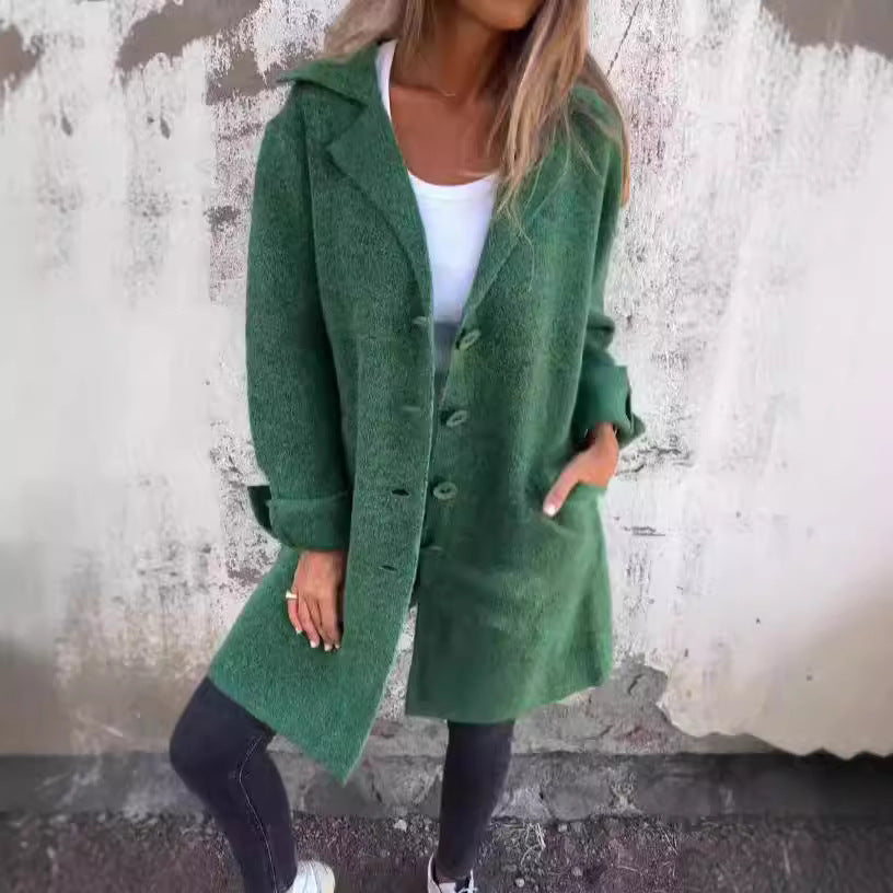 Damen Eleganter Oversize-Wollmantel mit Durchgehender Knopfleiste und Praktischen Taschen WW