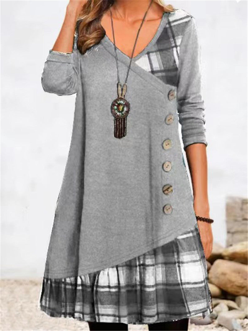 Damen modisches Wickelkleid mit Karomuster und Knopfdetails WW