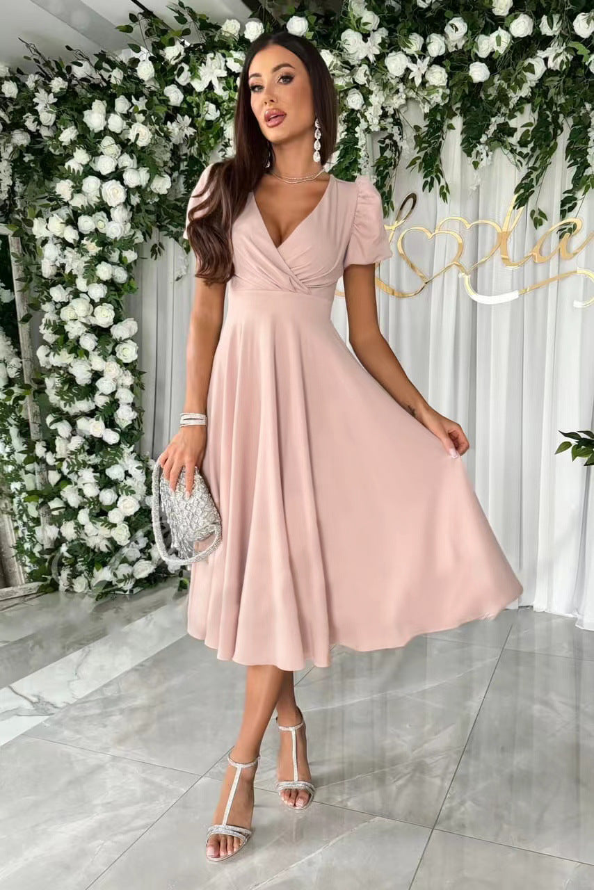 Damen A-Linie Kleid mit Puffärmeln und schmalem V-Ausschnitt WW