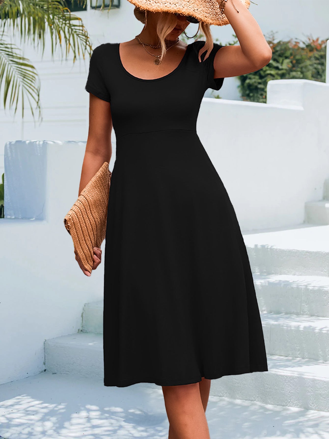 Damen A-Linien Kleid mit kurzen Ärmeln und rundem Ausschnitt WW