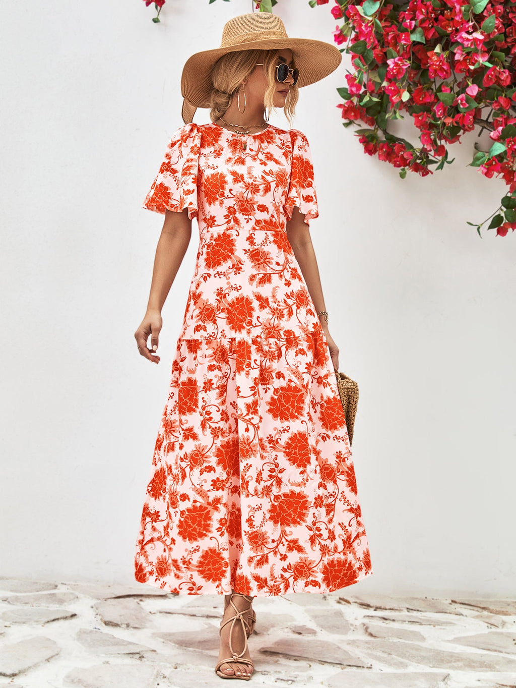 Damen Maxikleid mit verspieltem Blumenmuster und Rüschendetails WW