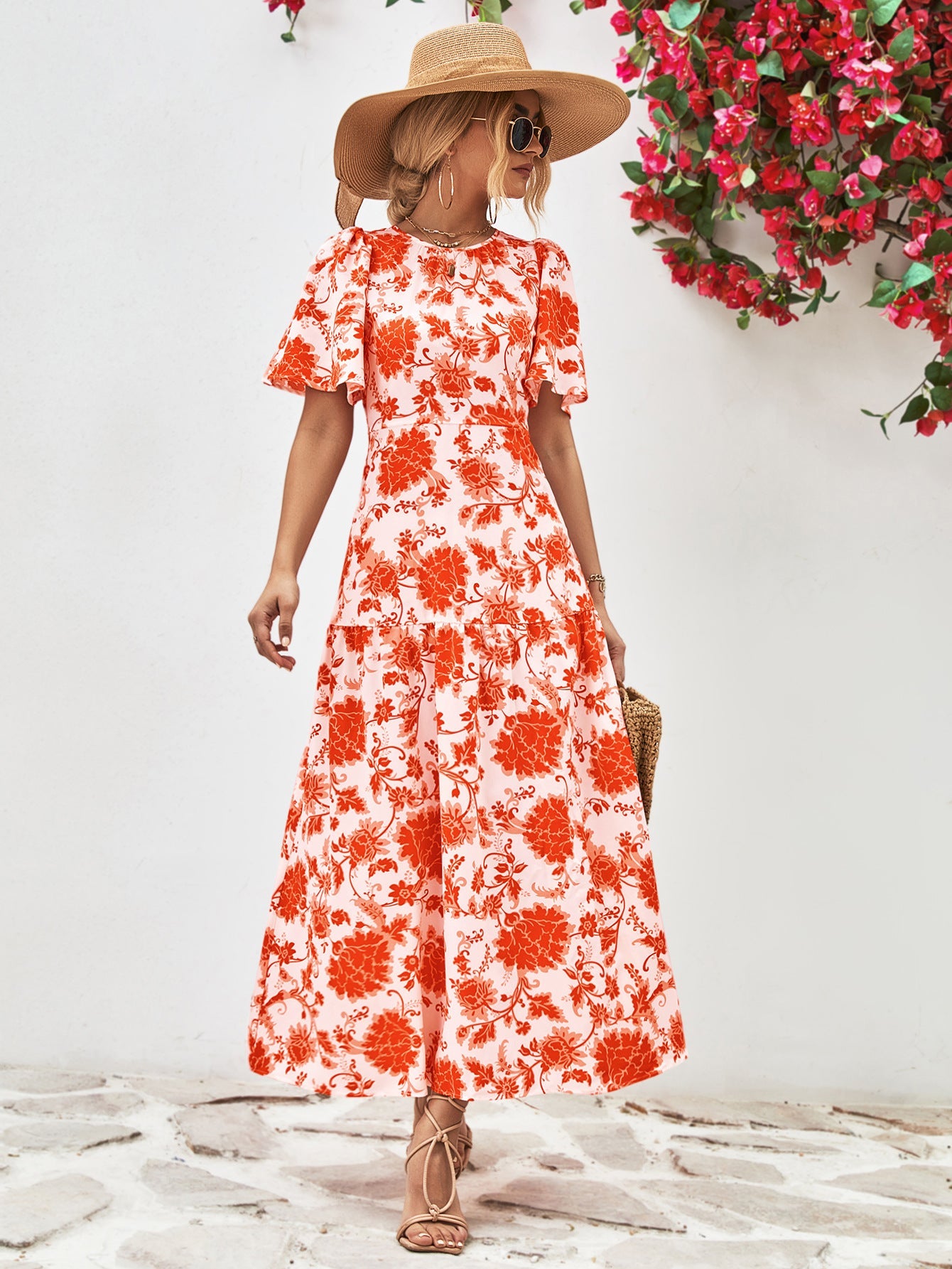 Damen Maxikleid mit verspieltem Blumenmuster und Rüschendetails WW