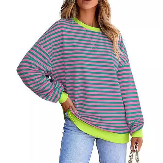 Damen lässiger gestreifter Sweatshirt mit Oversize-Schnitt und bequemen Details WW