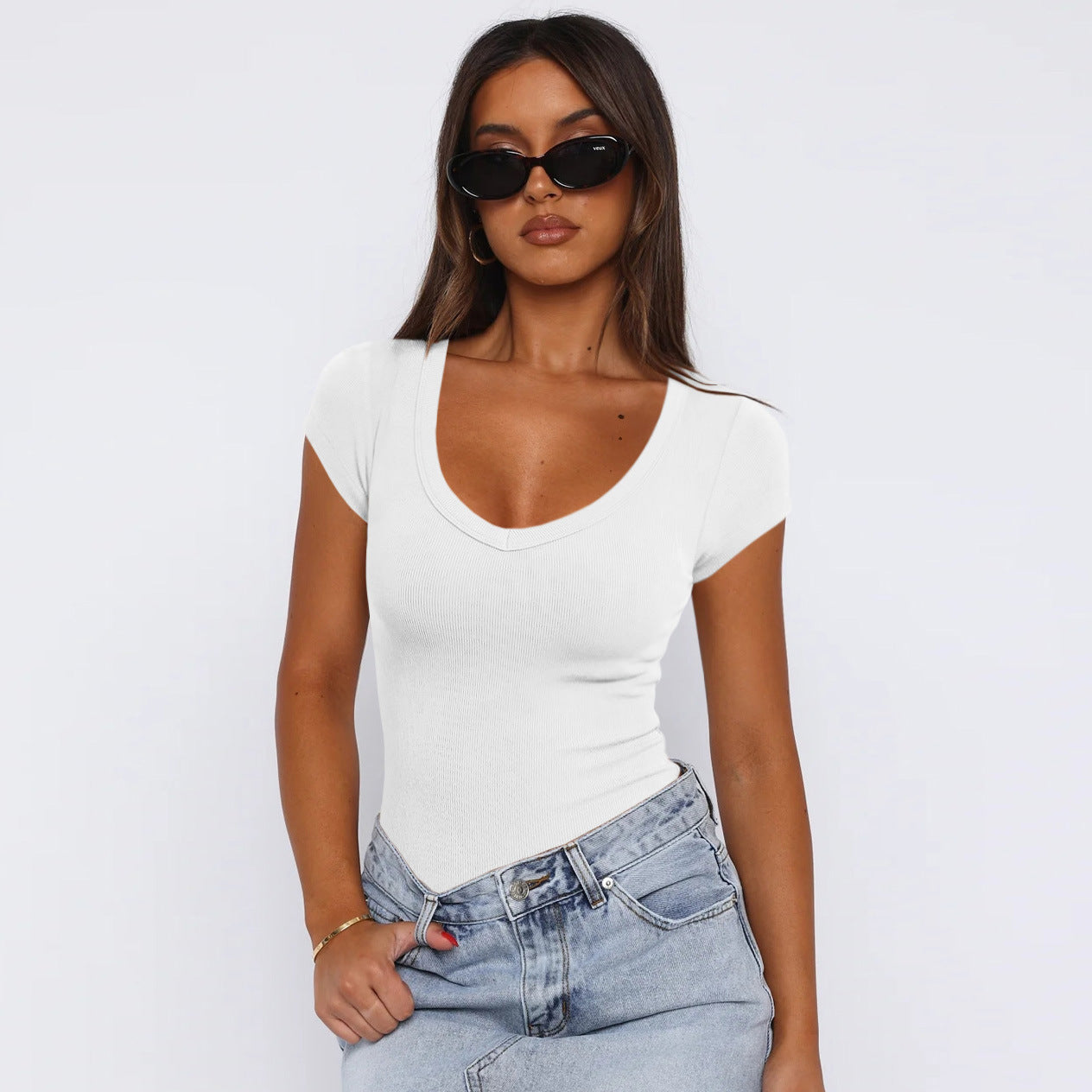 Damen Ripp-Optik V-Ausschnitt Body WW