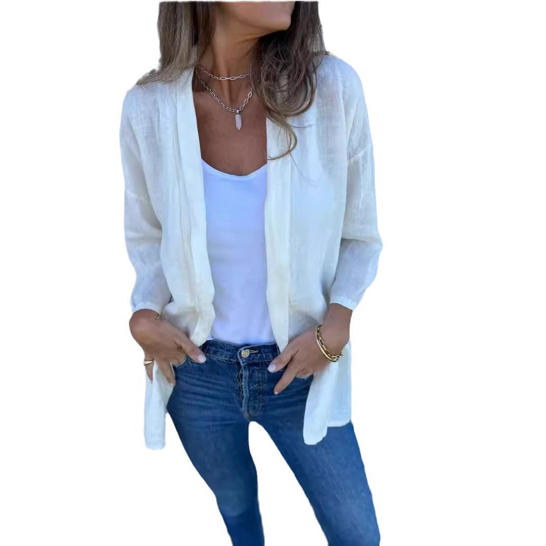 Damen luftige Leinenjacke mit offenem Schnitt und langen Ärmeln WW
