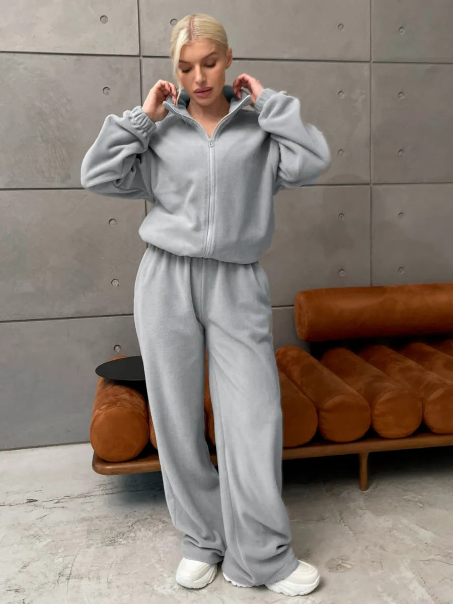 Damen sportliches Fleece-Jogginganzug mit hohem Kragen und hochwertigem Reißverschluss WW