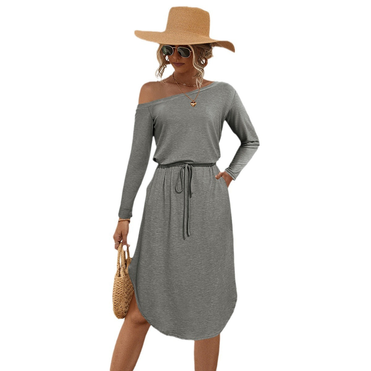 Damen Off-Shoulder Midi-Kleid mit elastischem Bund und bezauberndem Kordelzug WW