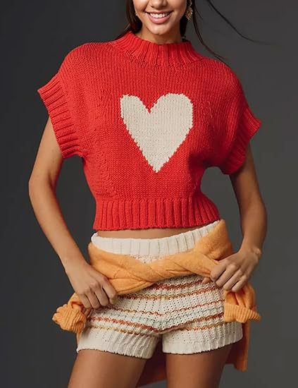 Damen lässiger Kurzarm Pullover mit Herzmotiv WW