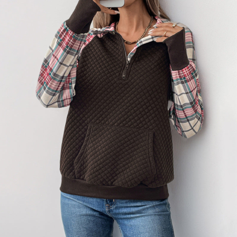 Damen lässiger Fleece-Pullover mit Karomuster und praktischen Kängurutaschen WW