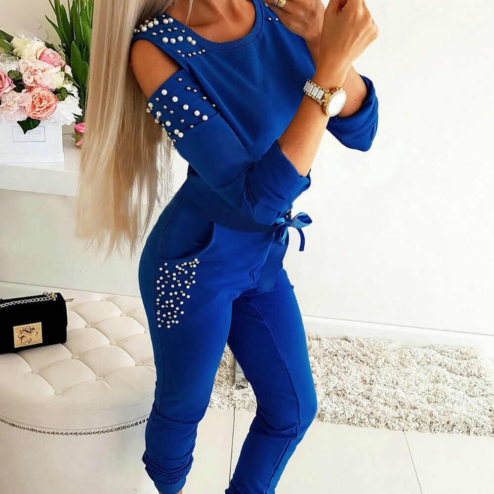Damen eleganter Freizeitanzug mit schicken Cut-Outs und perlverzierten Ärmeln WW