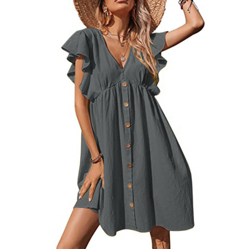 Damen lässiges Sommerkleid mit Volantärmeln und Knopfleiste WW