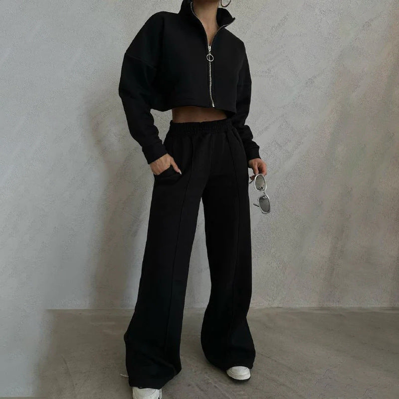 Damen sportliches Cropped-Fleece-Set mit hohem Kragen und modernem Reißverschluss WW