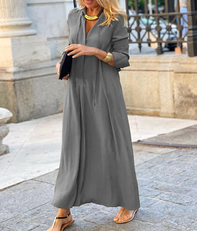 Damen lässiges Maxikleid mit tiefem V-Ausschnitt und eleganten Bindebändern WW
