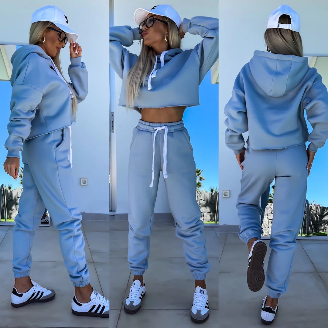 Damen modernes Hoodie-Jogginganzug-Set mit elastischem Bund und Kontrastdetails WW