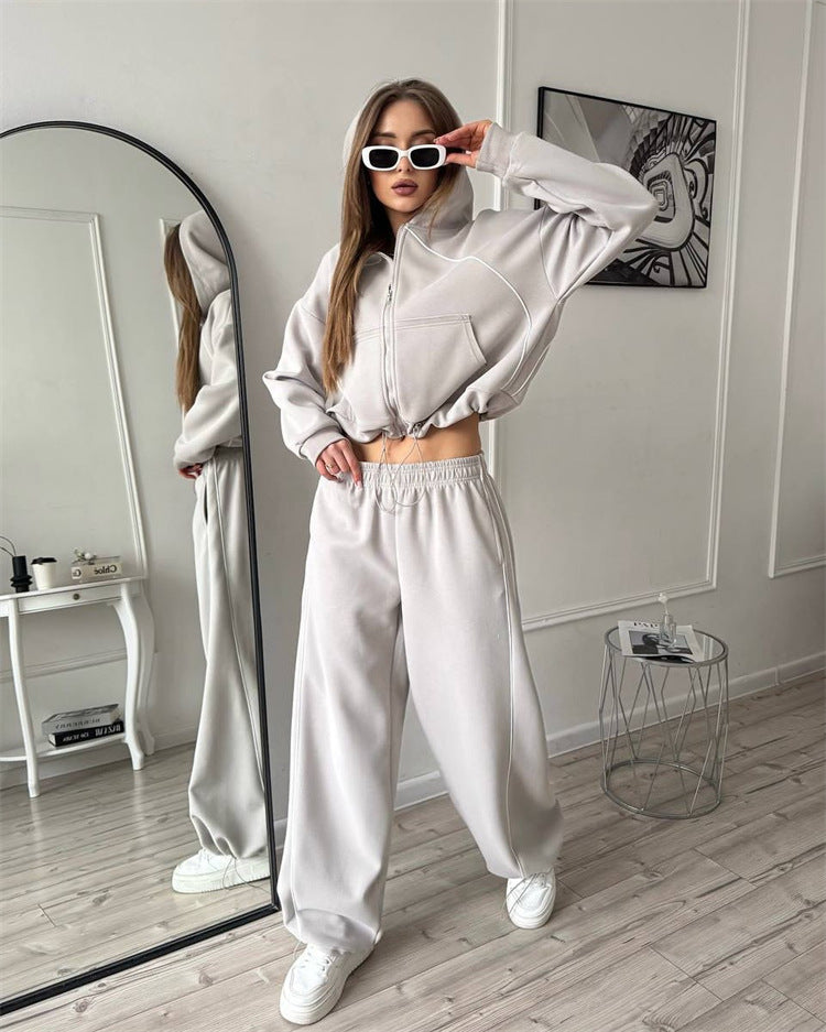 Damen sportlicher Kapuzenjacken- und Jogginghosen-Set mit modernem Design und praktischen Taschen WW